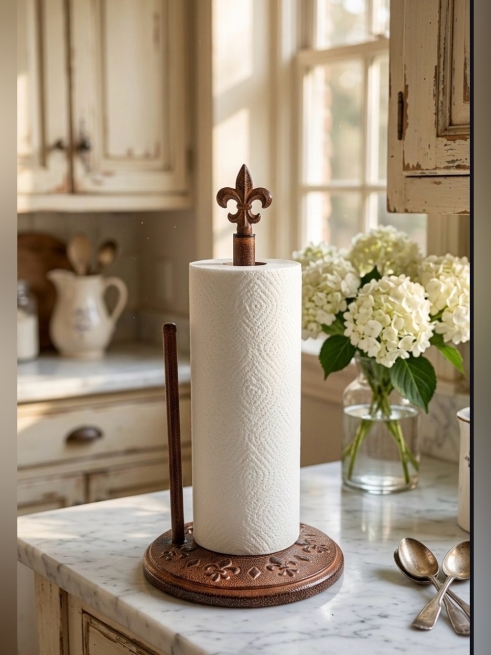 French Country Fleur de lis paper rustic brown metal towel holder